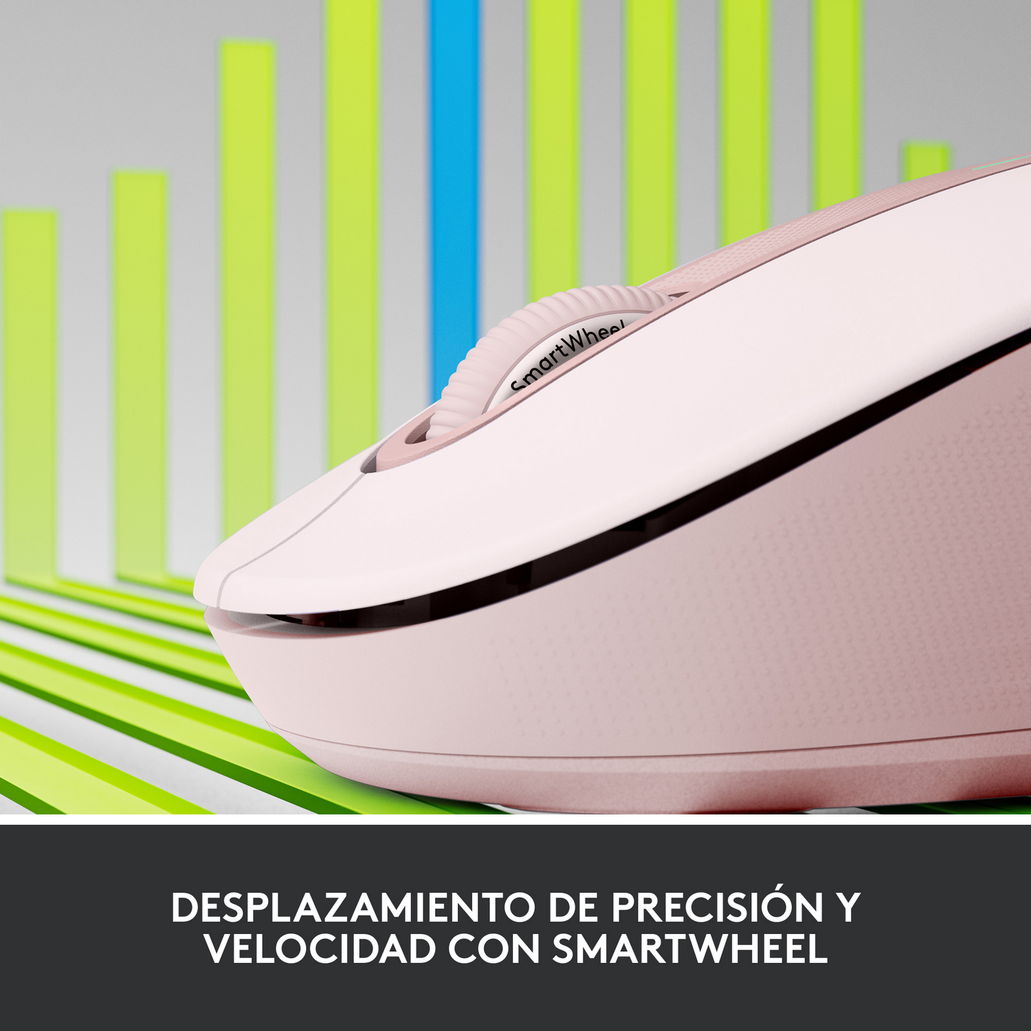 Un ratón rosa con SmartWheel. El texto dice 'Desplazamiento de precisión y velocidad'.
