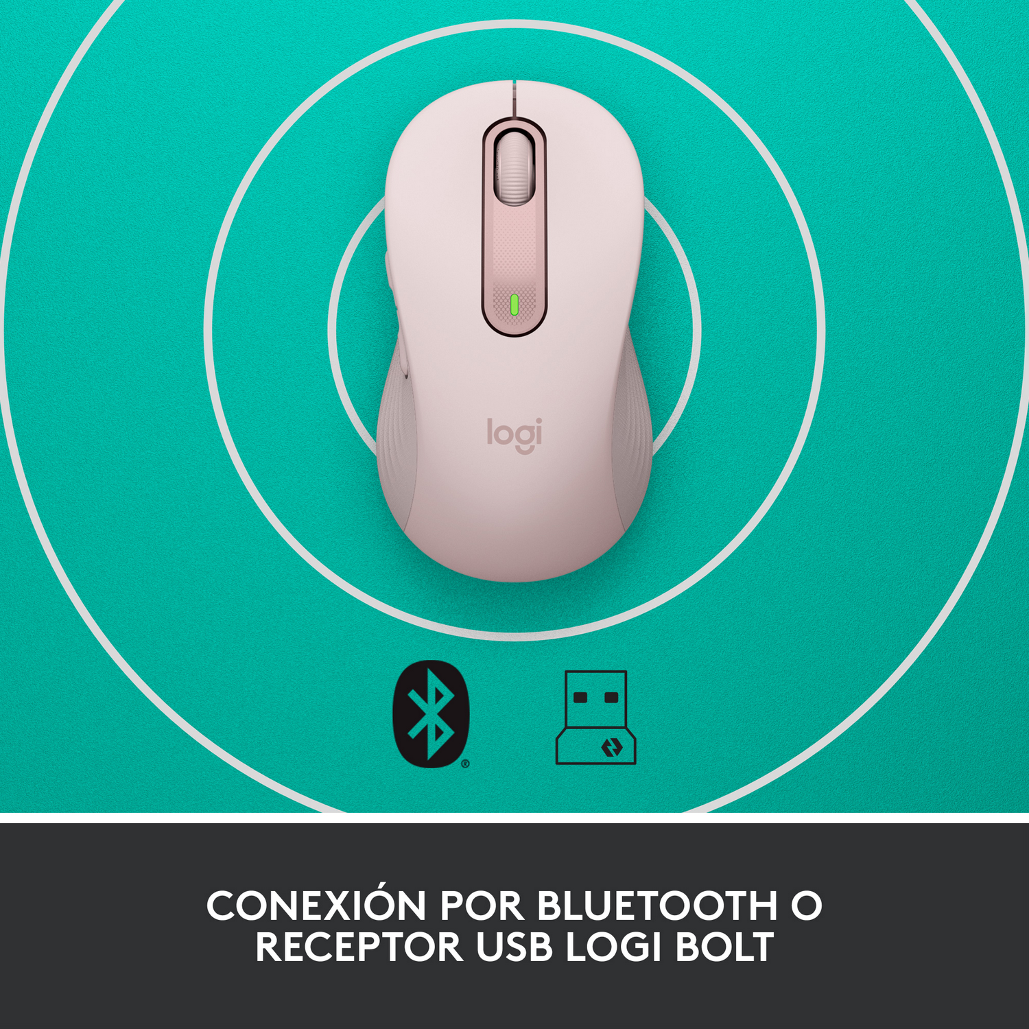Ratón inalámbrico rosa con símbolos Bluetooth y receptor USB sobre superficie turquesa.