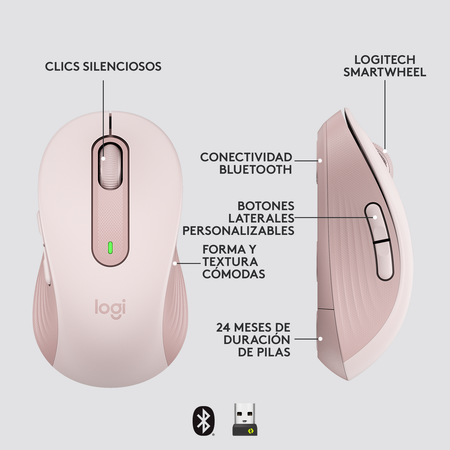 Ratón Logitech rosa con funciones etiquetadas, incluidos clics silenciosos, bluetooth y botones personalizables.