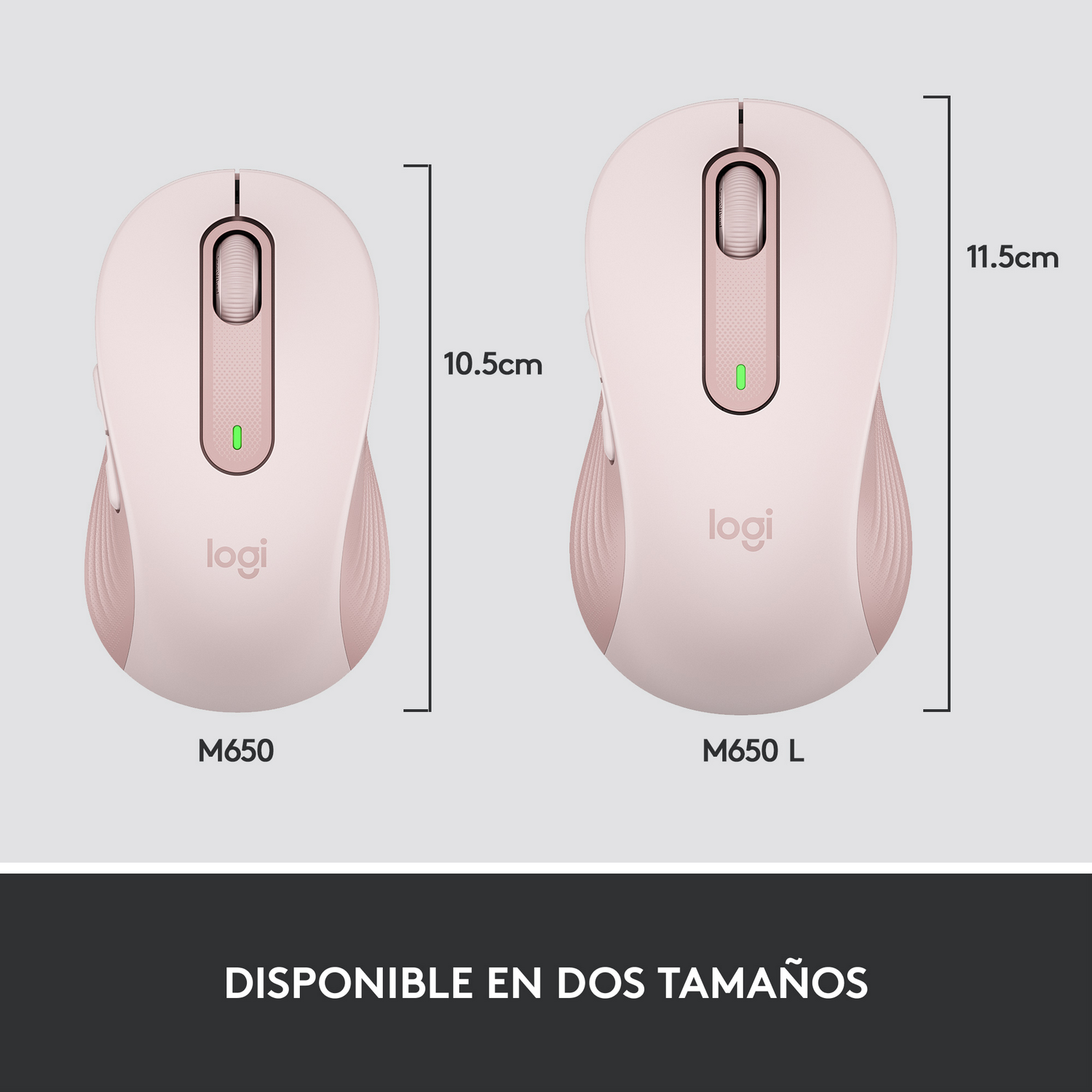 Dos ratones Logitech M650 rosas con dimensiones. El texto inferior dice 'DISPONIBLE EN DOS TAMAÑOS'.