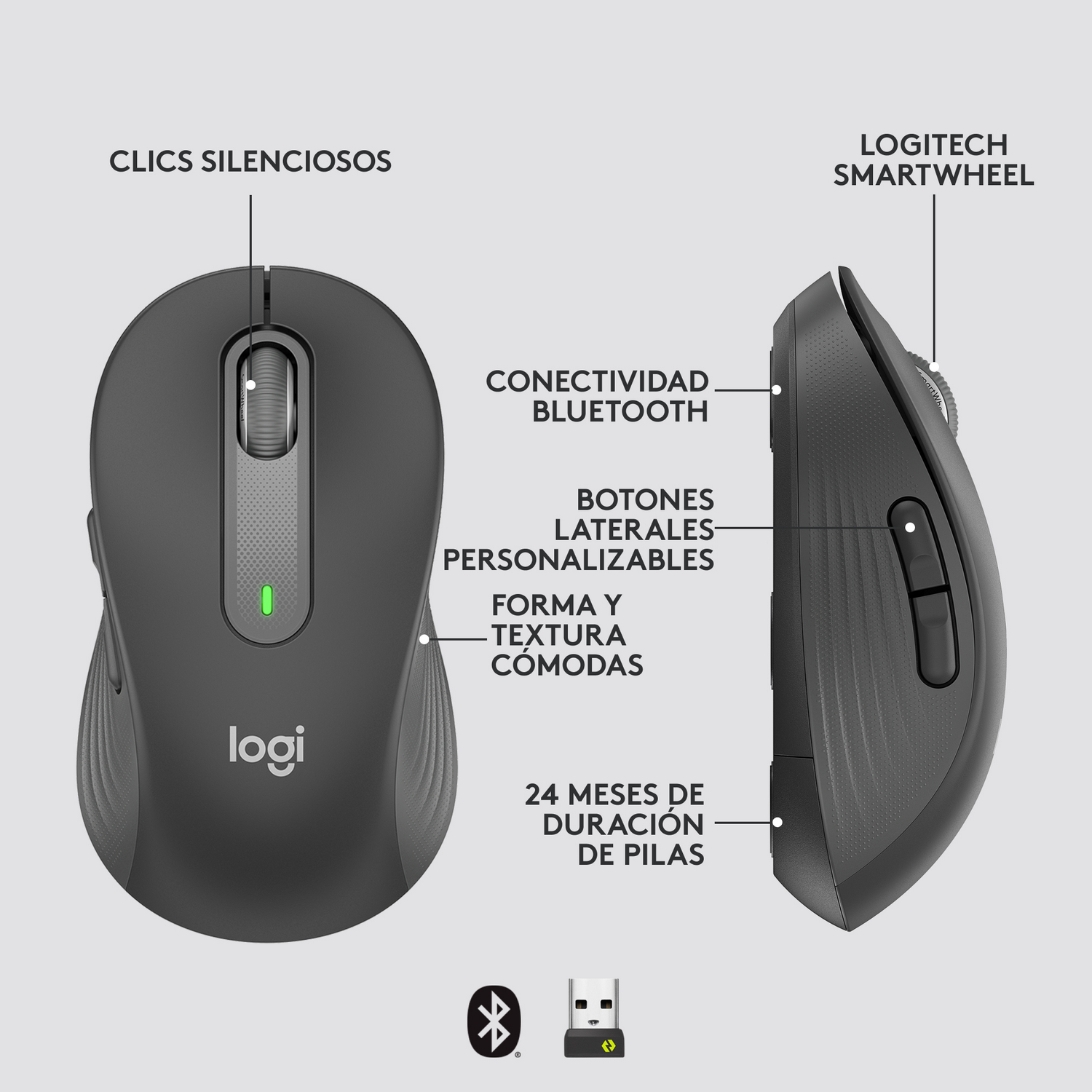 Ratón Logitech con etiquetas. Incluye clics silenciosos, Bluetooth y botones personalizables.