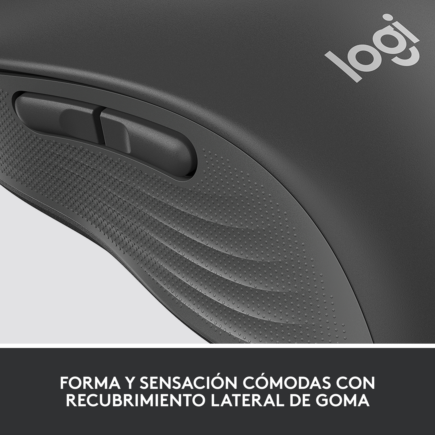 Primer plano de un ratón Logitech. Muestra la rueda de desplazamiento, botones y agarre de goma.