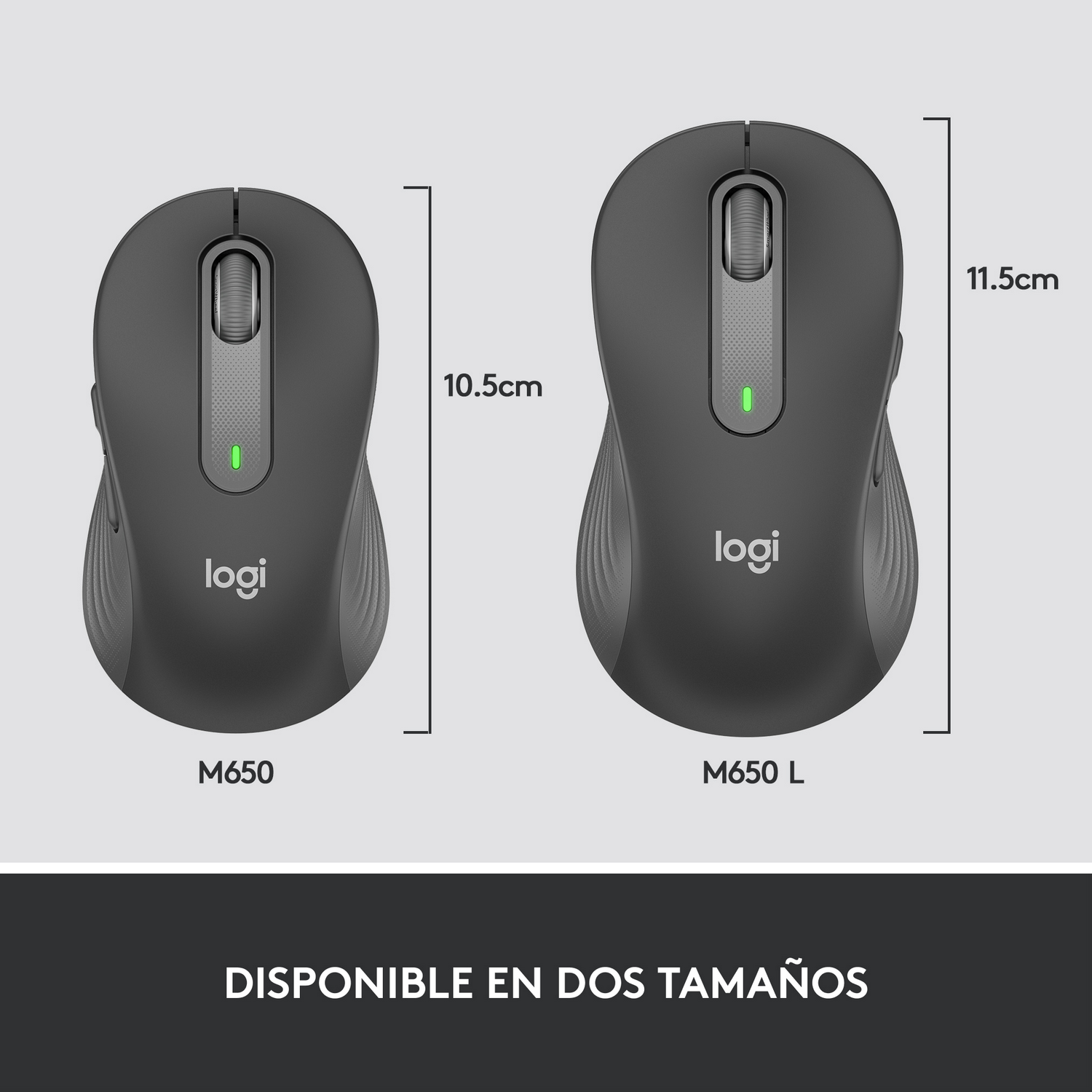 Dos ratones Logitech M650 en diferentes tamaños, el más grande mide 11,5 cm. Texto: Disponible en dos tamaños.