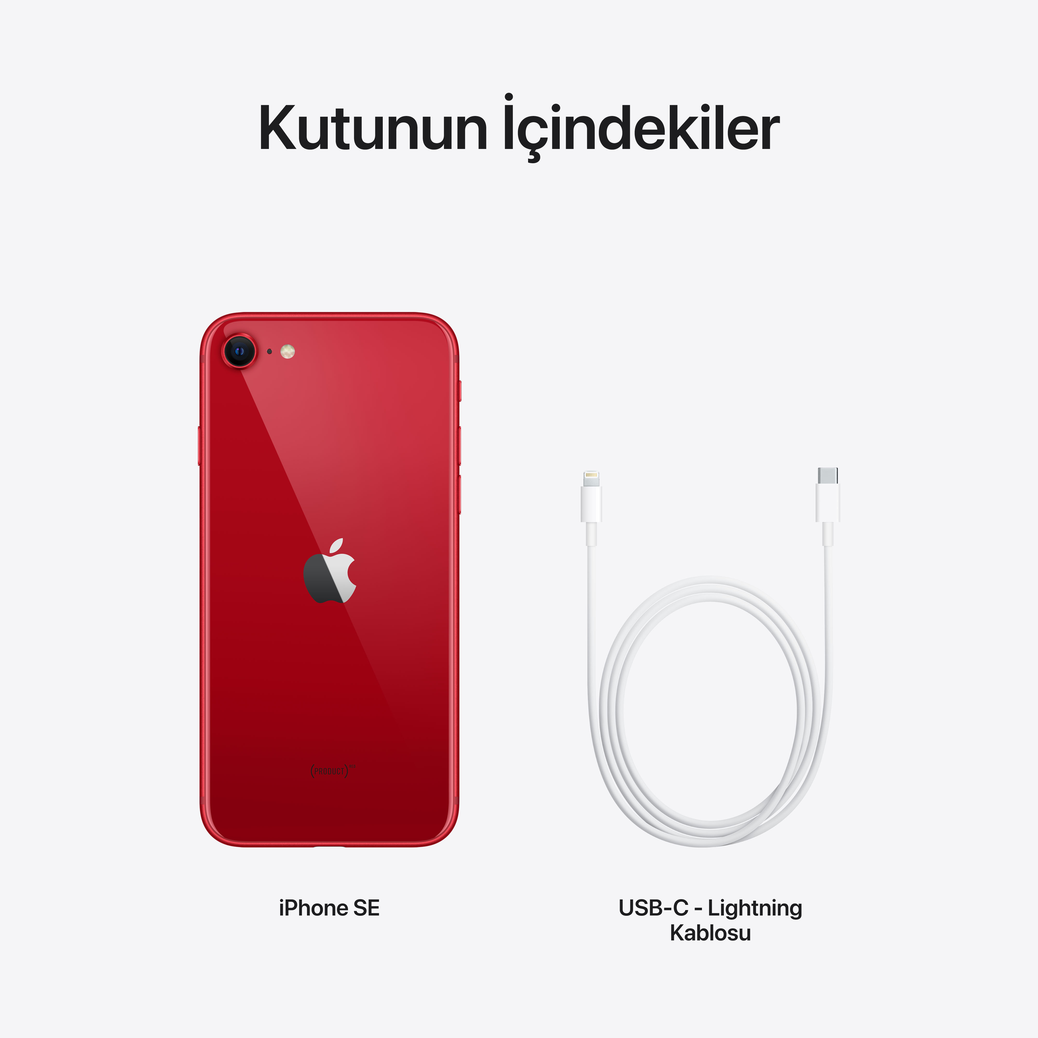 Kırmızı iPhone SE ve beyaz USB-C - Lightning kablosu. Beyaz zemin.