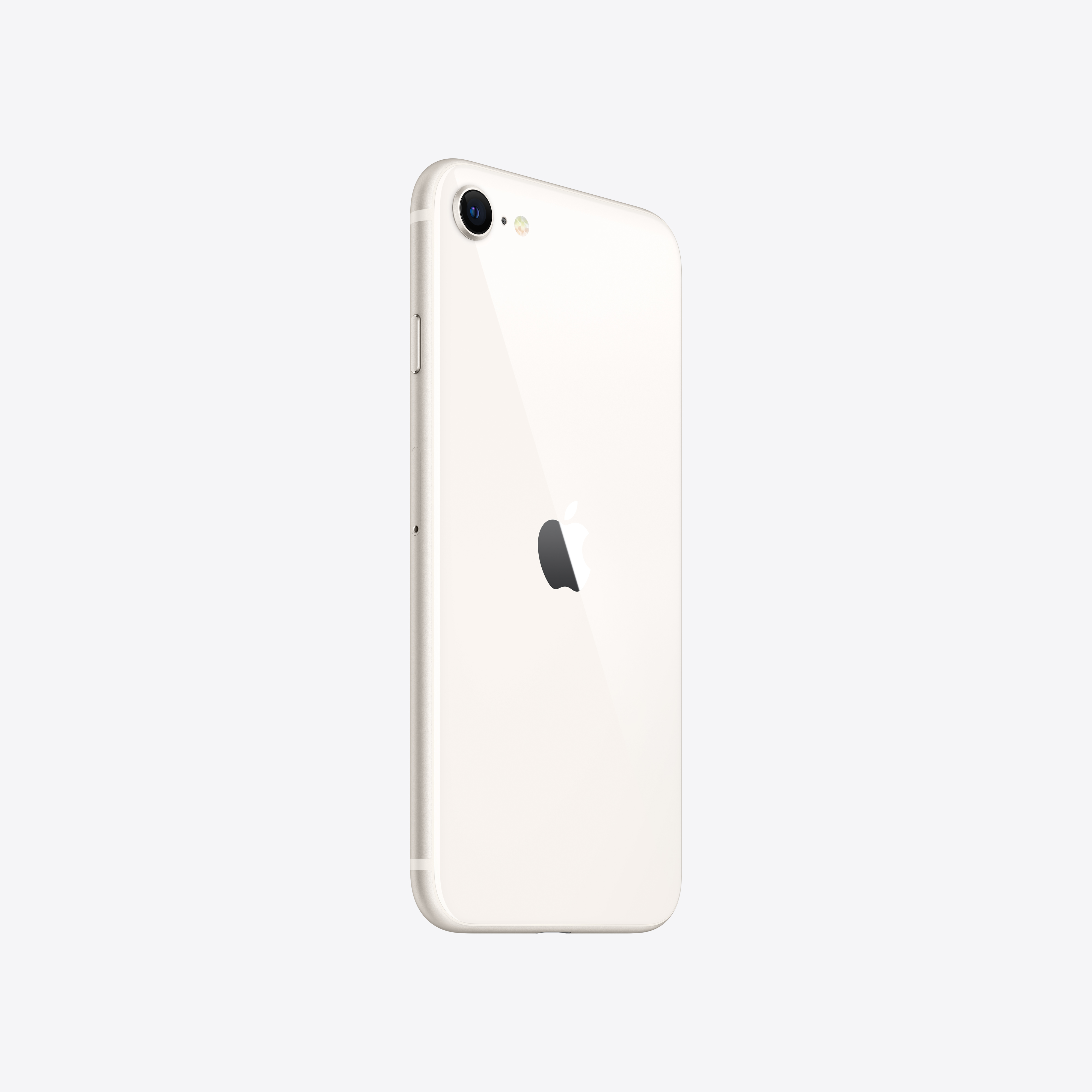 Beyaz iPhone SE, arkadan, hafif açılı. Apple logosu görünür.
