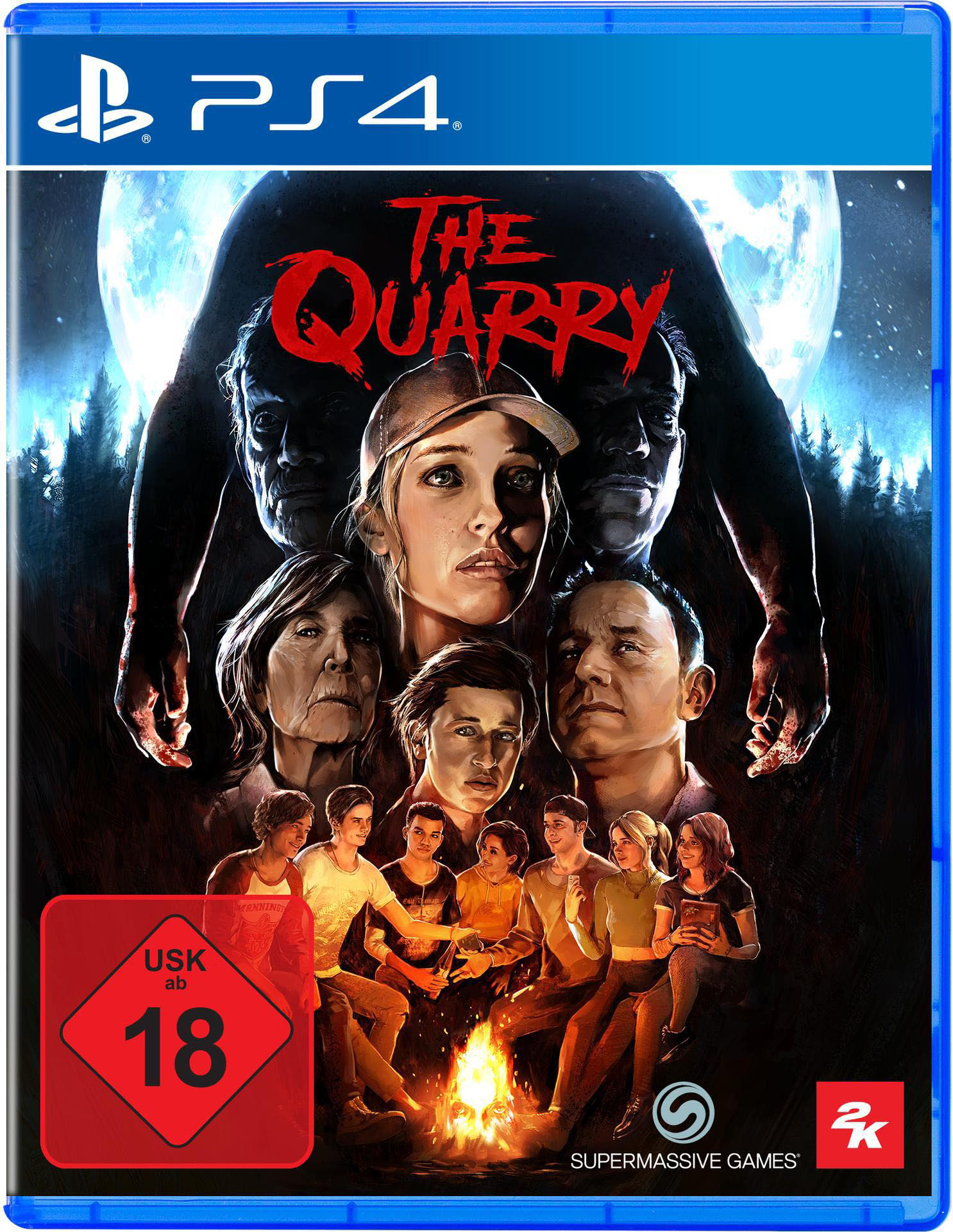 Spiel-Cover für "The Quarry", zeigt mehrere Personen mit Vollmond im Hintergrund.