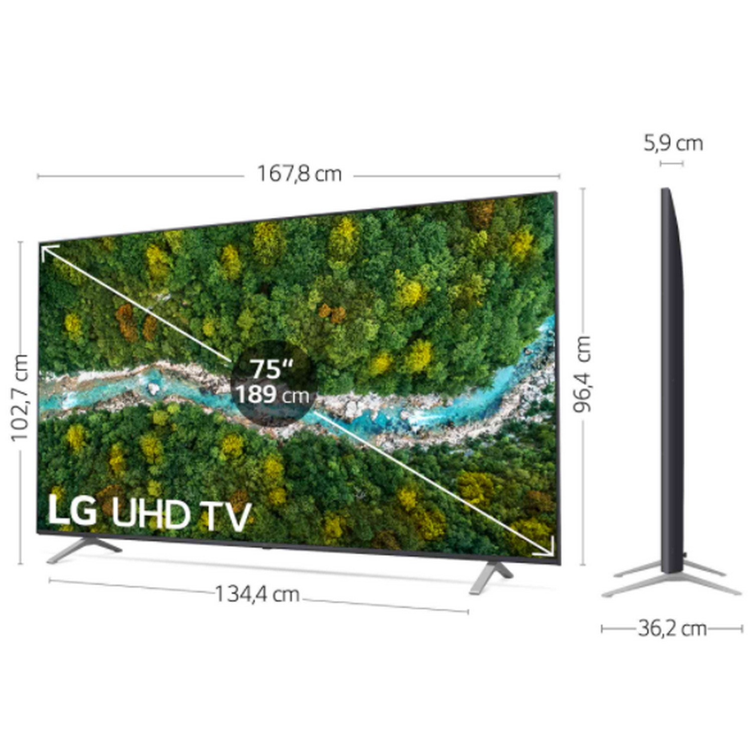 Un televisor LG UHD grande con dimensiones y medidas mostradas, con una vista lateral.