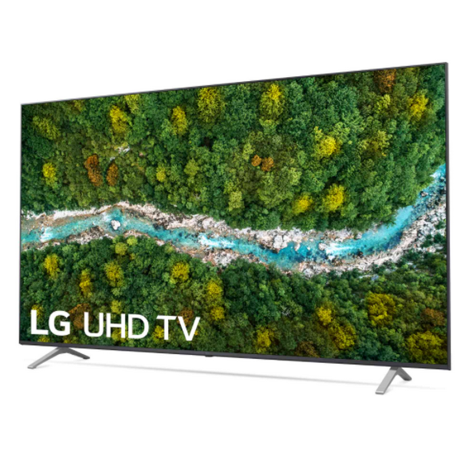 Televisor de pantalla grande mostrando una densa escena de bosque con un río.