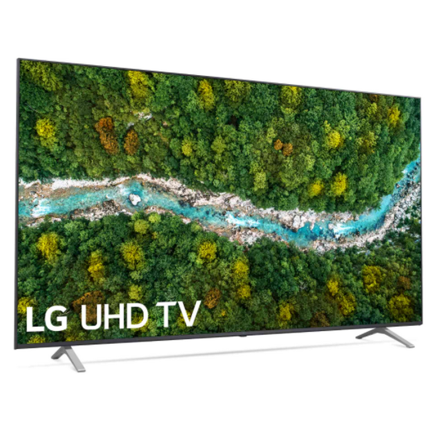 TV LG UHD mostrando un bosque con un río. El televisor está sobre un soporte.