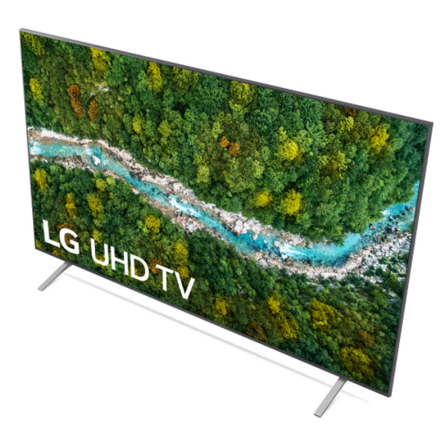 Un televisor LG UHD con un bosque verde en la pantalla.