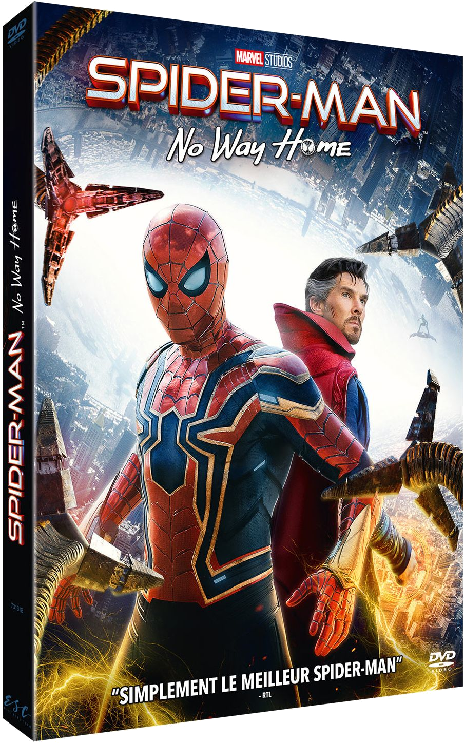 Couverture DVD de Spider-Man: No Way Home avec Spider-Man et Doctor Strange.