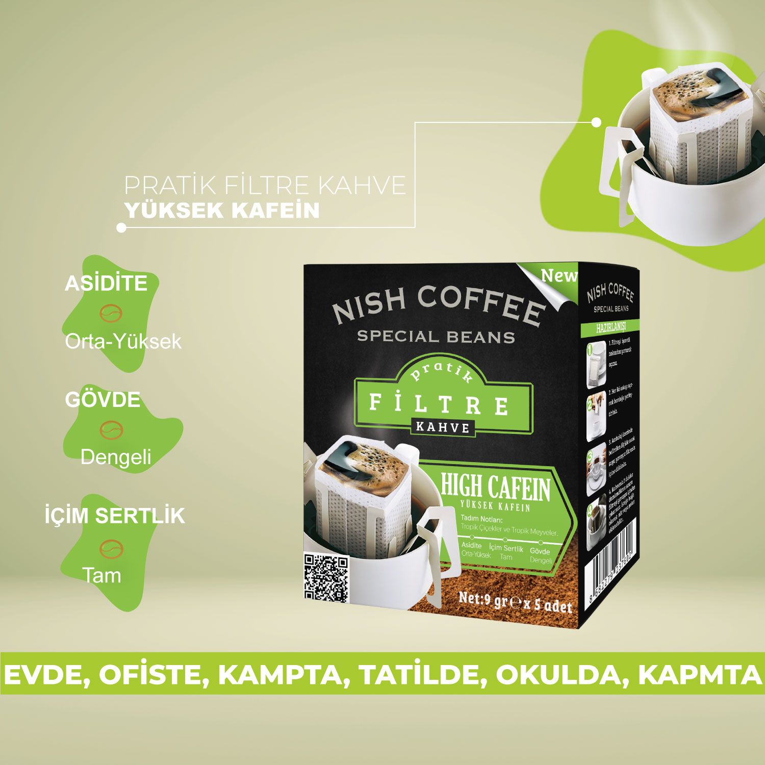 'Nish Coffee Special Beans' yazılı bir kahve paketi ve açıklayıcı etiketler.