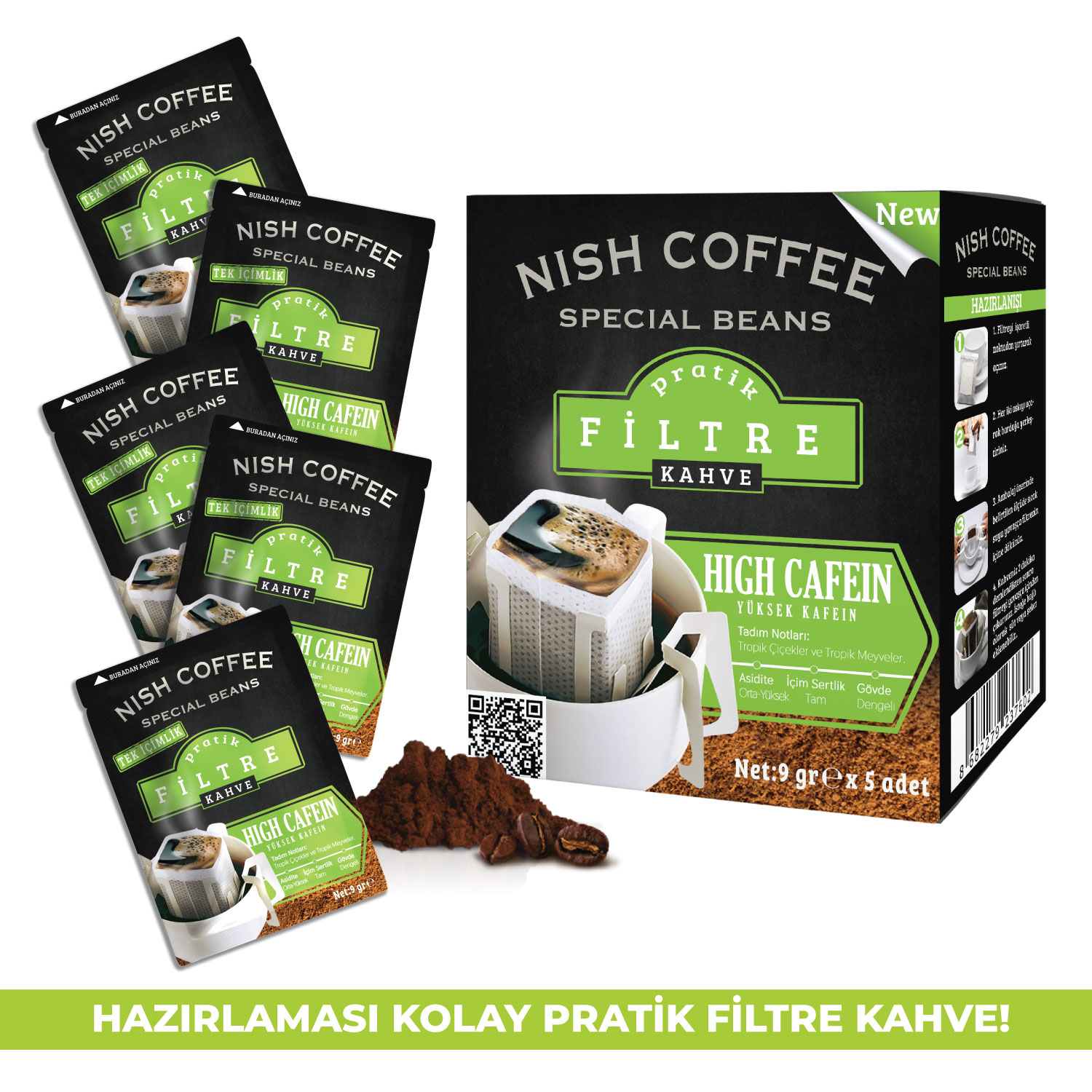 Nish Coffee ambalajı. Birkaç paket kahve ve bir kahve fincanı içeren bir kutu gösterilir.