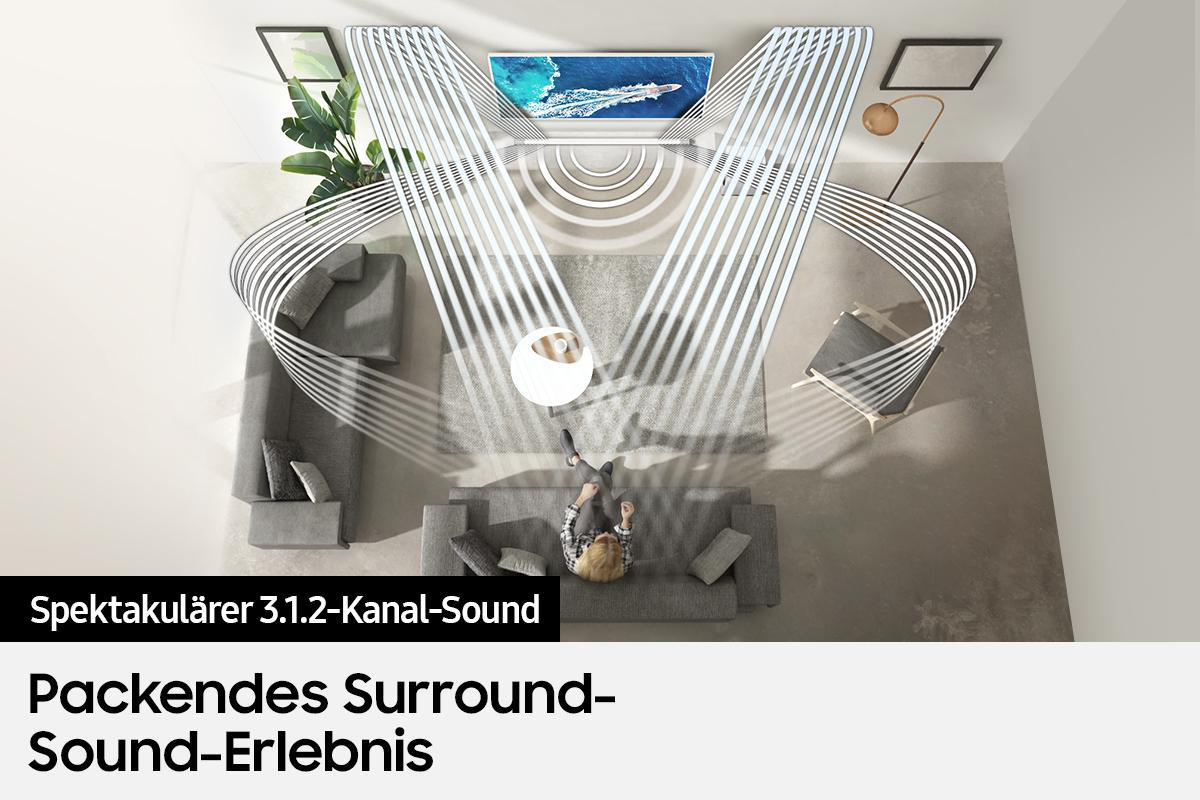 Wohnzimmer mit TV und Soundsystem. Schallwellen, die vom Fernseher ausgehen. Modernes Interieur.