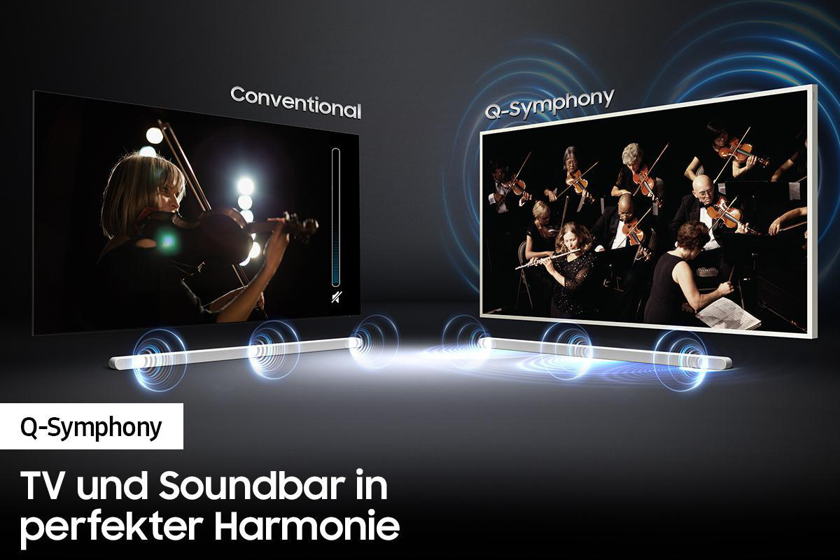 Zwei Fernseher nebeneinander, einer mit Geigerin, der andere mit Orchester. Text: 'Q-Symphony'.