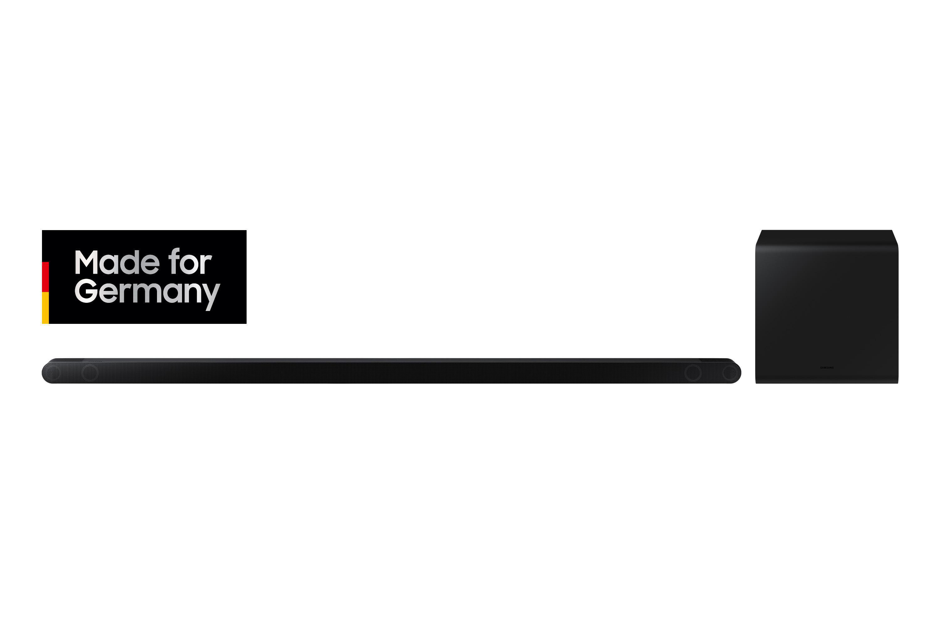 Eine schwarze Samsung Soundbar und ein Subwoofer, mit einem Logo Made in Germany.