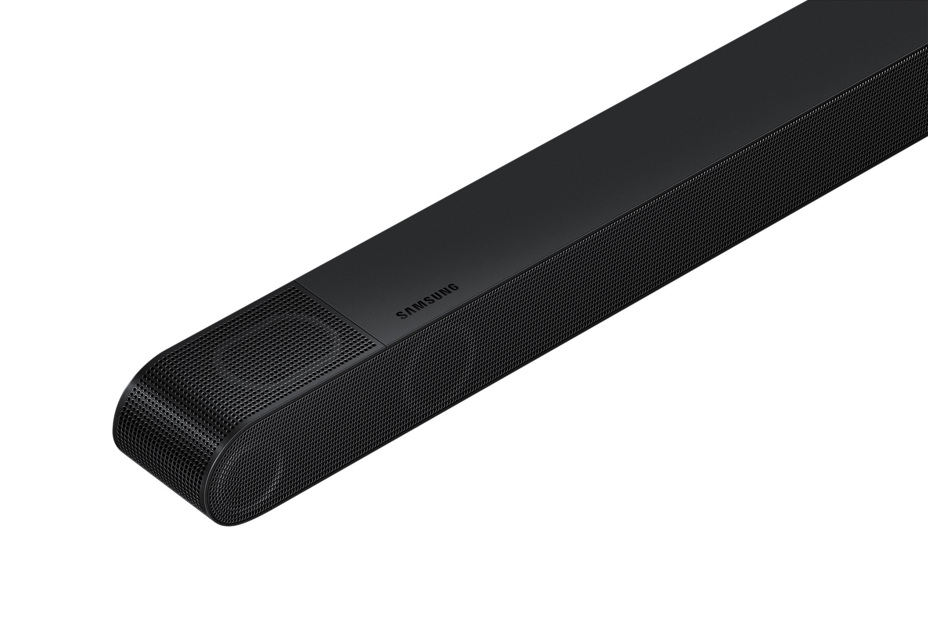 Schwarze Soundbar mit Samsung-Logo, auf weißem Hintergrund.