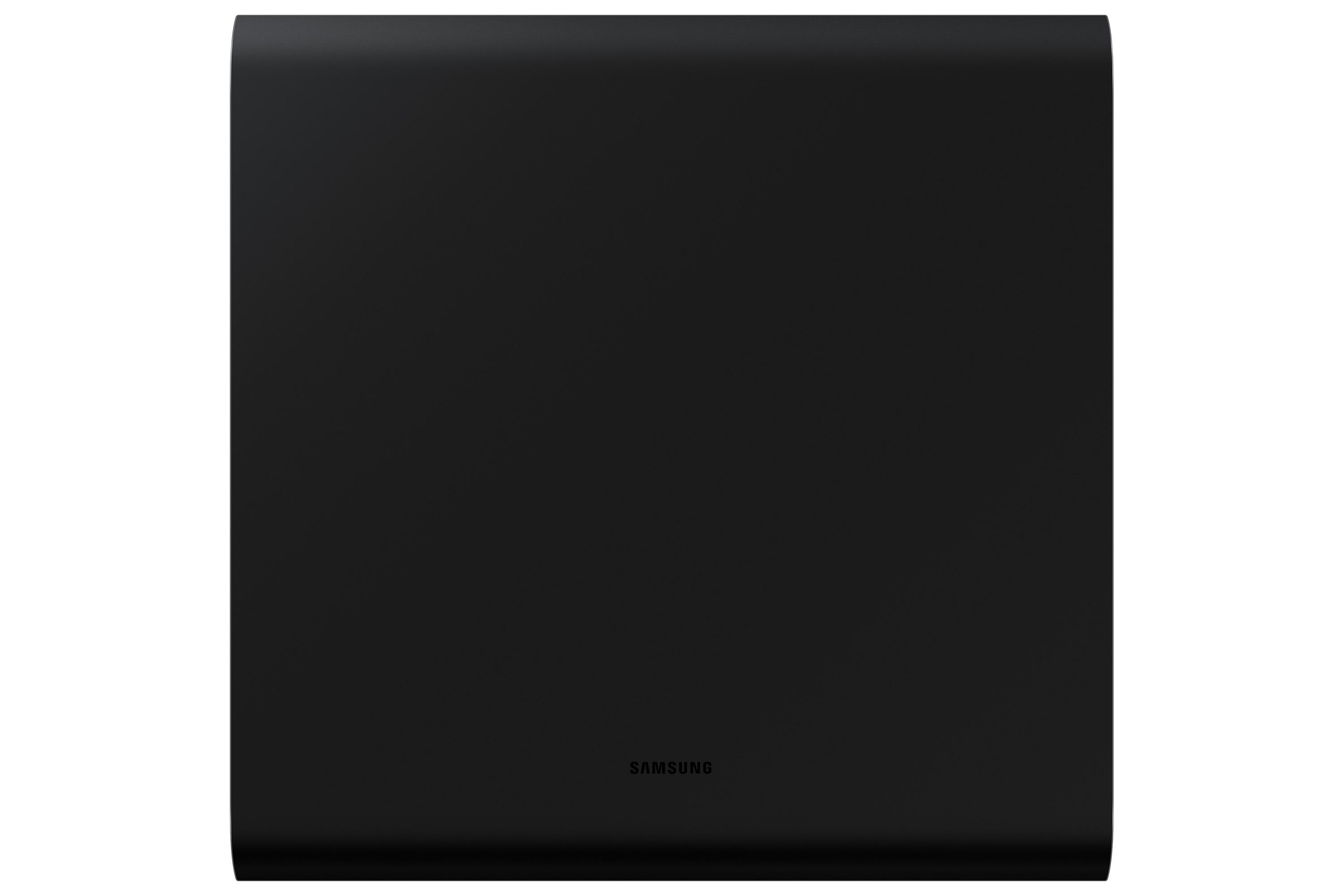 Ein schwarzer, rechteckiger Subwoofer mit dem Aufdruck 'SAMSUNG'.