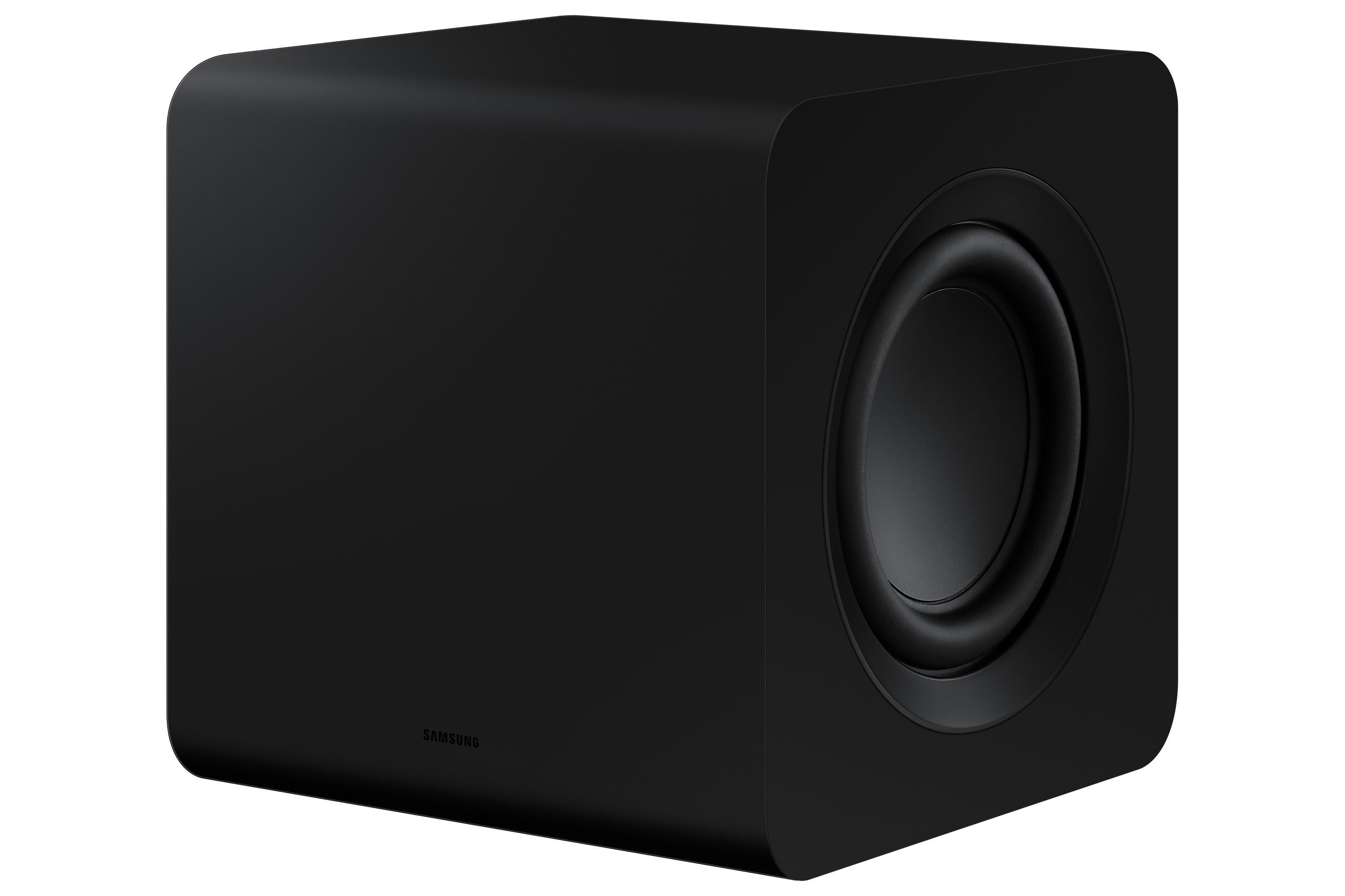 Ein schwarzer Subwoofer mit abgerundeten Ecken, der Lautsprecher ist zum Betrachter gerichtet, weißer Hintergrund.