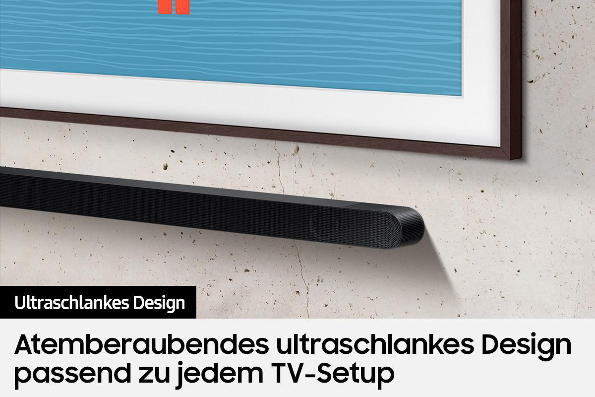 Schwarze Soundbar unter einem Fernseher, mit deutschem Text über das Design.