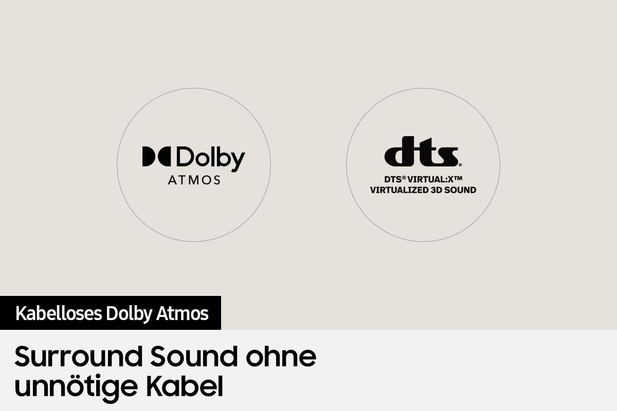 Dolby Atmos- und DTS-Logos auf cremefarbenem Hintergrund mit Text über Surround-Sound.