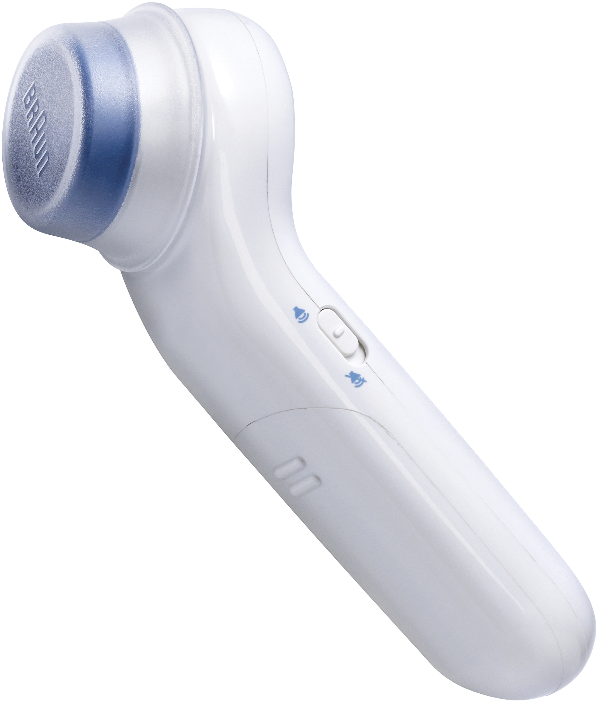 Epilatore facciale Braun bianco con dettagli blu, vista angolata, pulsanti di controllo.