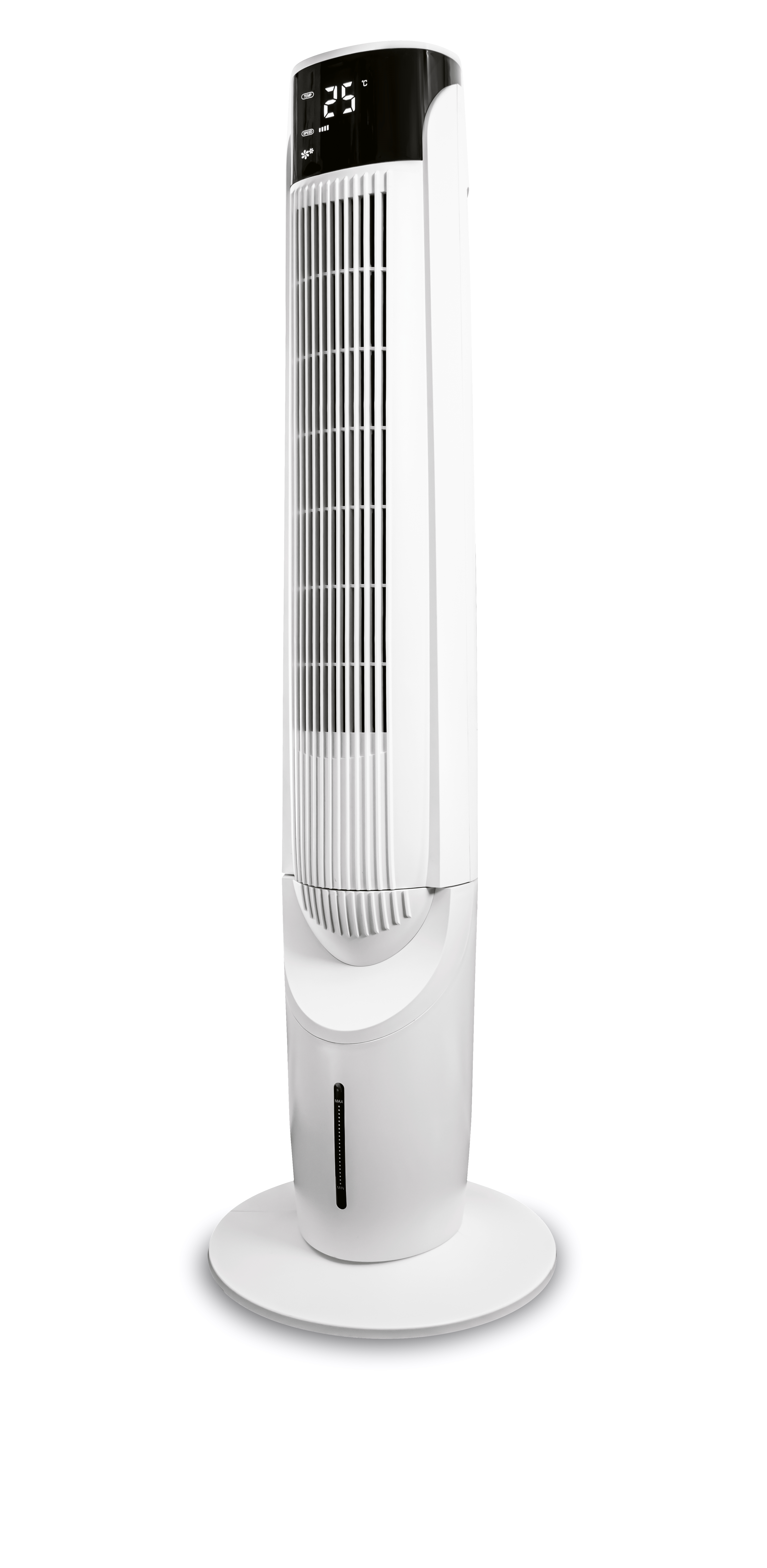 Hoher weiß-schwarzer Turmventilator auf weißem Hintergrund. Er hat eine Digitalanzeige mit Temperatur.