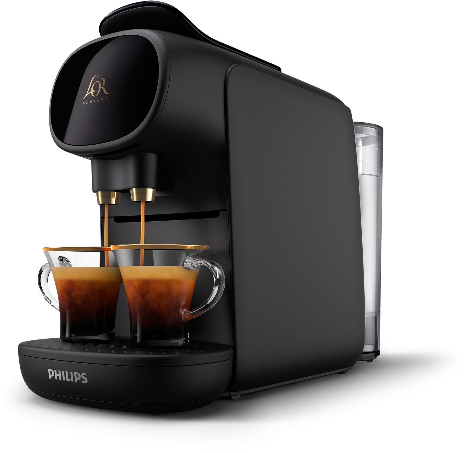 Black coffee machine brewing coffee into two glass cups. The machine has a black finish.
