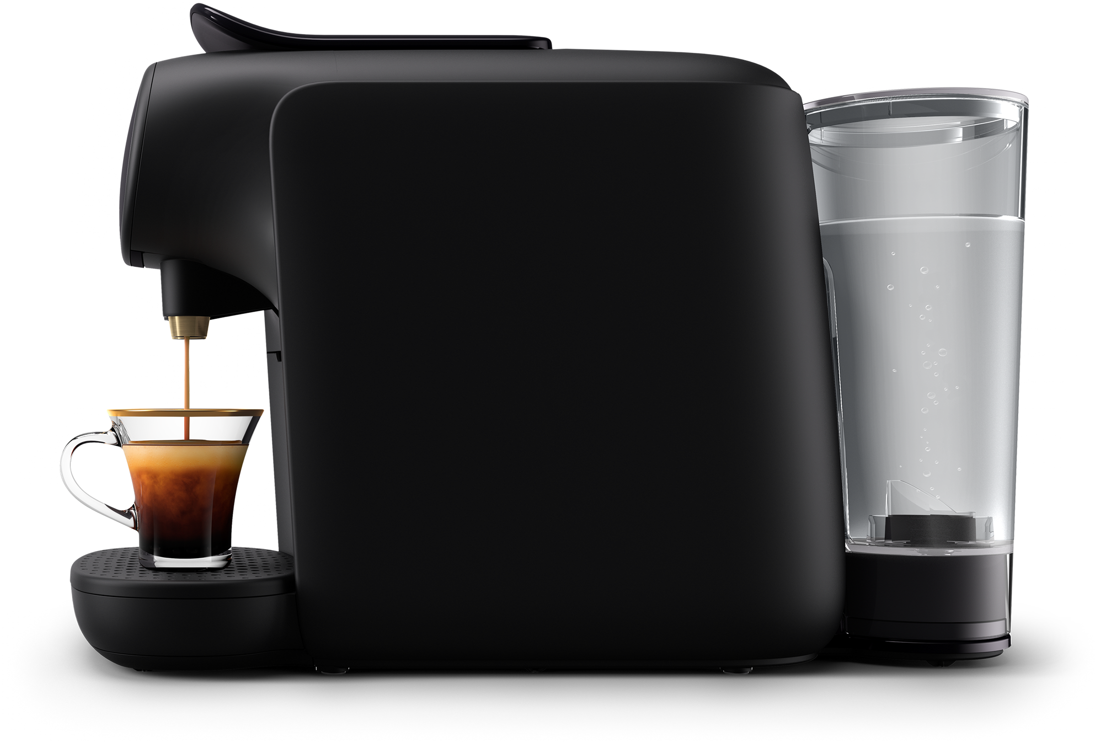 Black coffee machine with a glass cup being filled with coffee. A water container is on the right.