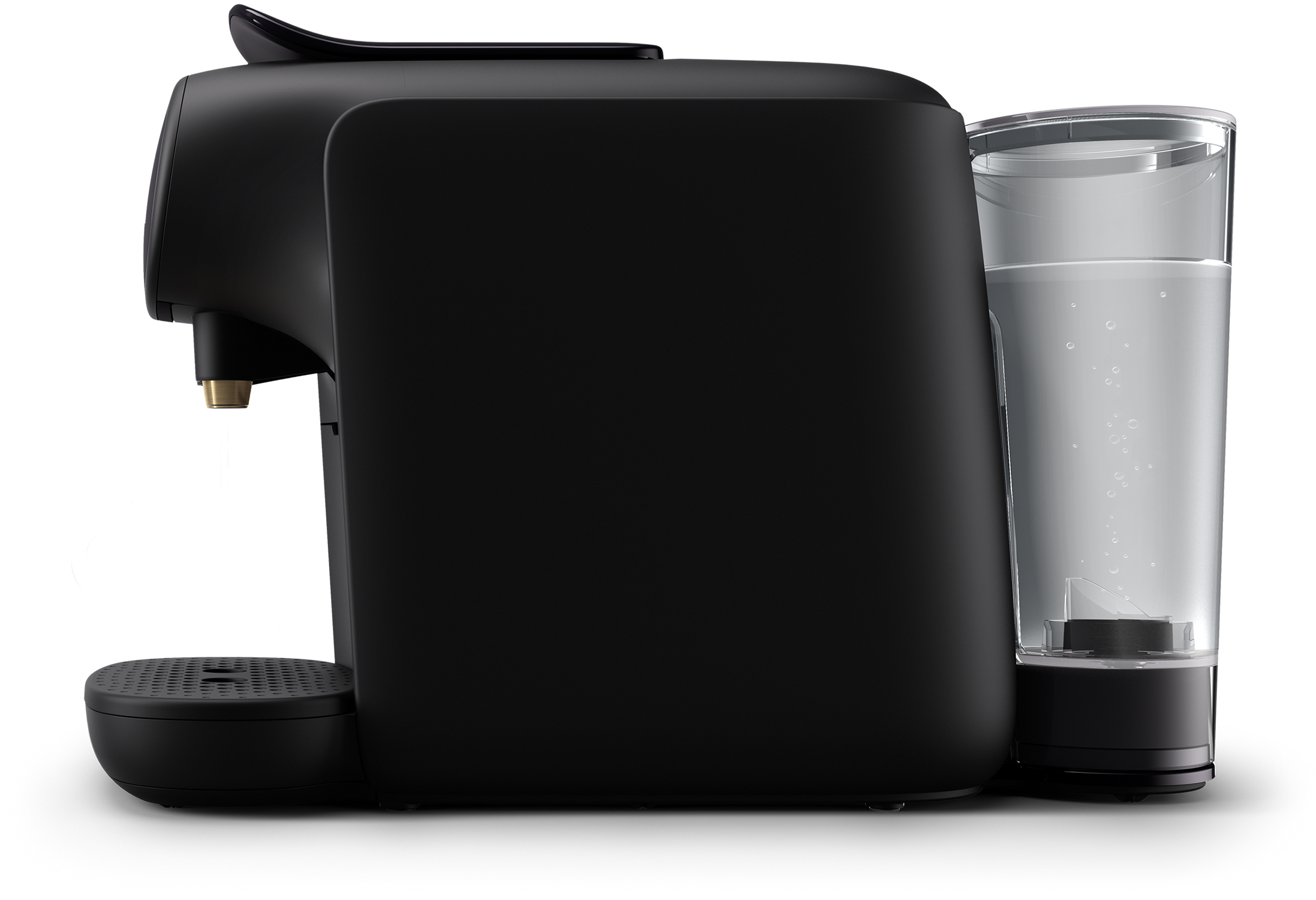 Black coffee machine, with a water tank on the right side. The machine has a spout and a drip tray.