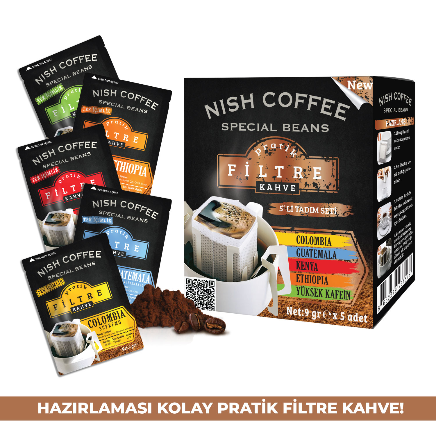 Kahve çekirdekleri ile bir kutuda kahve filtresi paketleri, beyaz bir arka plan üzerinde.