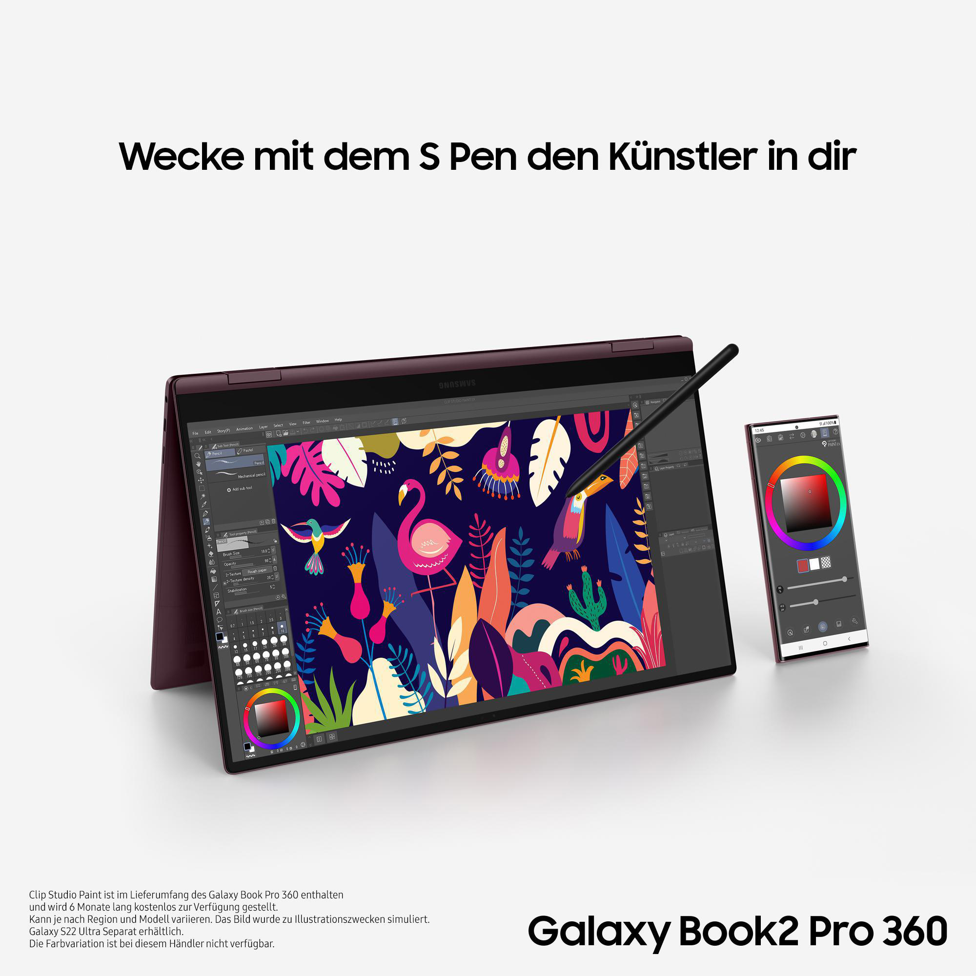 Ein weinroter Laptop und ein weißes Tablet mit Farbpalette, die eine farbenfrohe Illustration anzeigen.