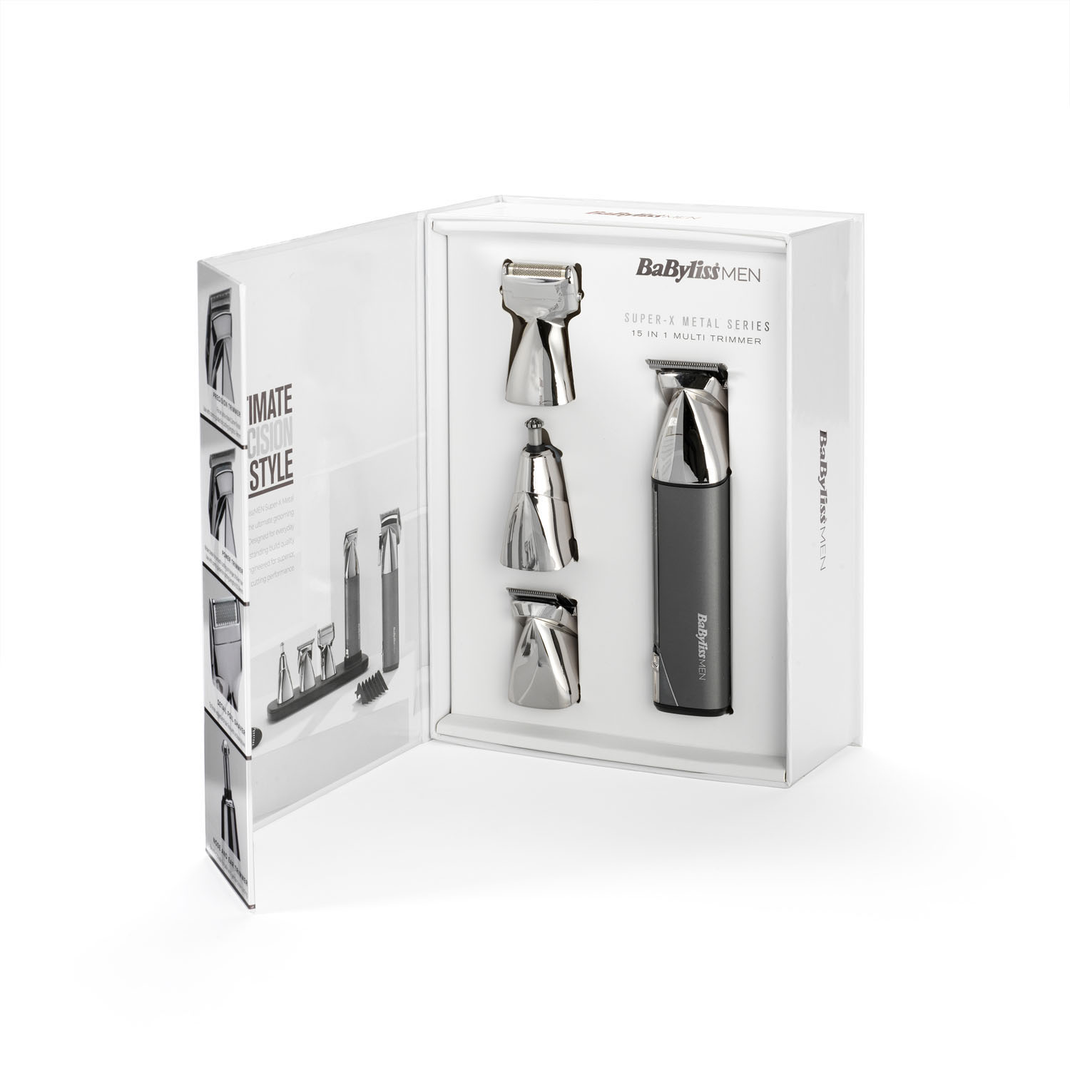 Eine weiße Box mit einem Babyliss Herren-Trimmer, mit Aufsätzen. Weißer Hintergrund.
