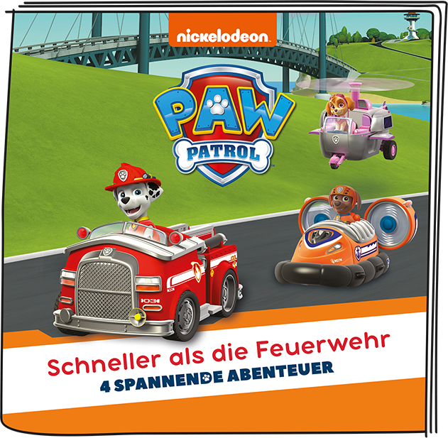 Paw Patrol-Bild mit Charakteren und Fahrzeugen auf einer Straße, der Himmel ist grün, und Text ist vorhanden.