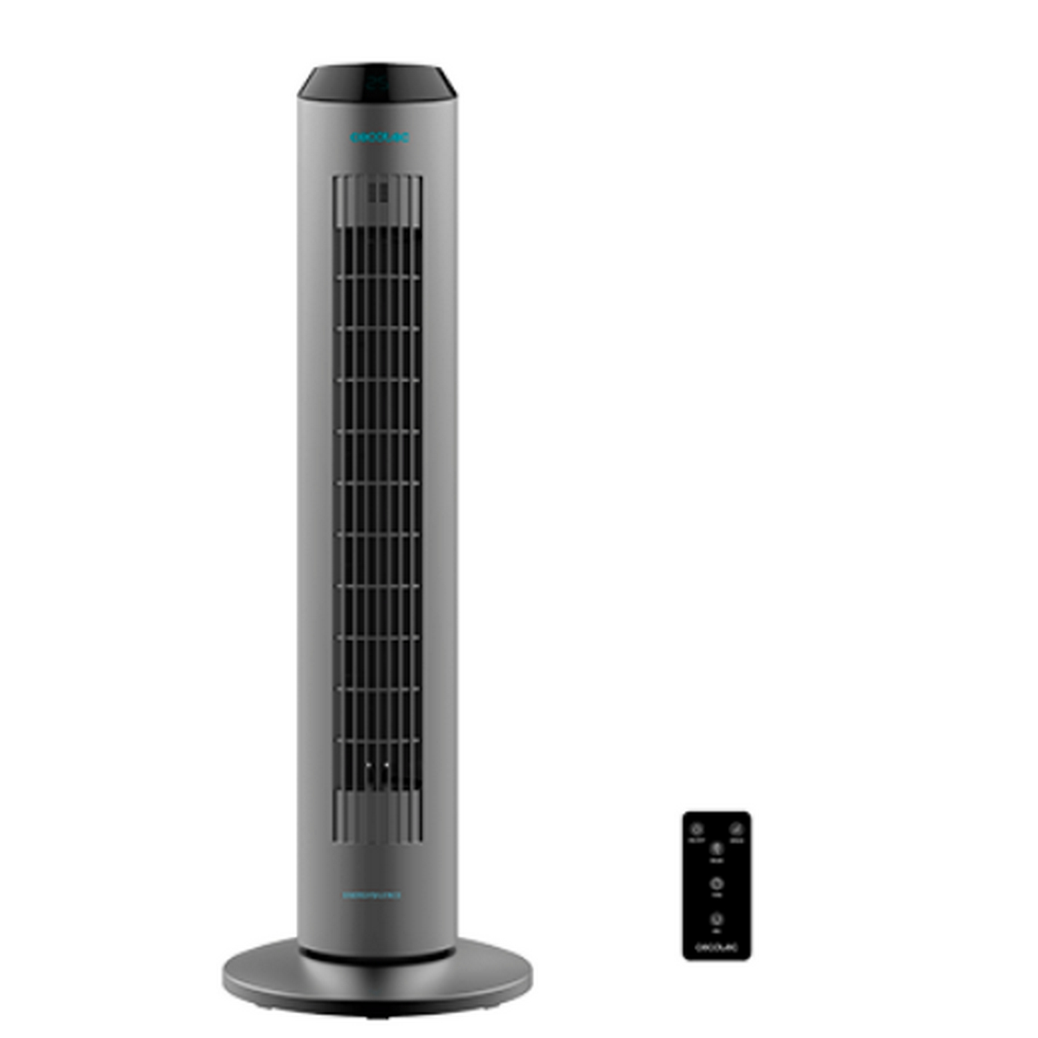 Ventilador de torre gris con control remoto. Rejilla y base negras.