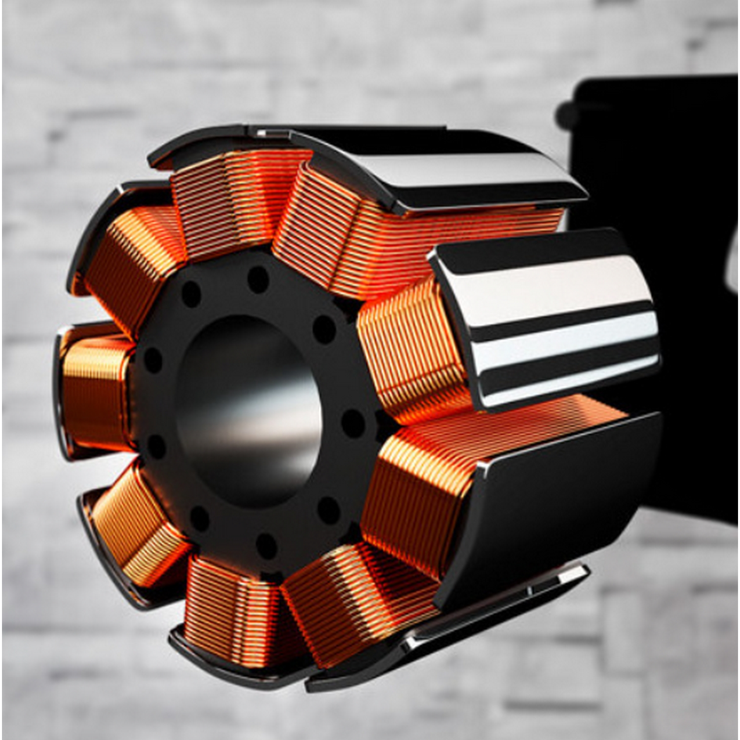 Primer plano de un rotor de motor eléctrico negro y color cobre.