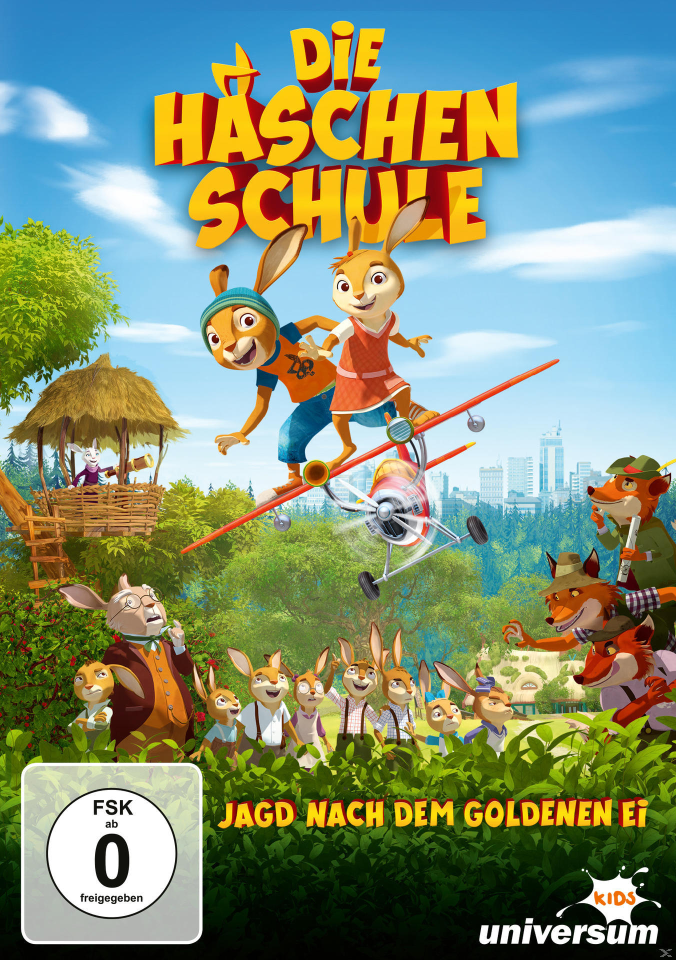 Filmplakat mit Hasen auf einem Flugzeug. Titel: Die Häschenschule. Hasen auf Flugzeug, andere darunter, Stadtbild im Hintergrund.