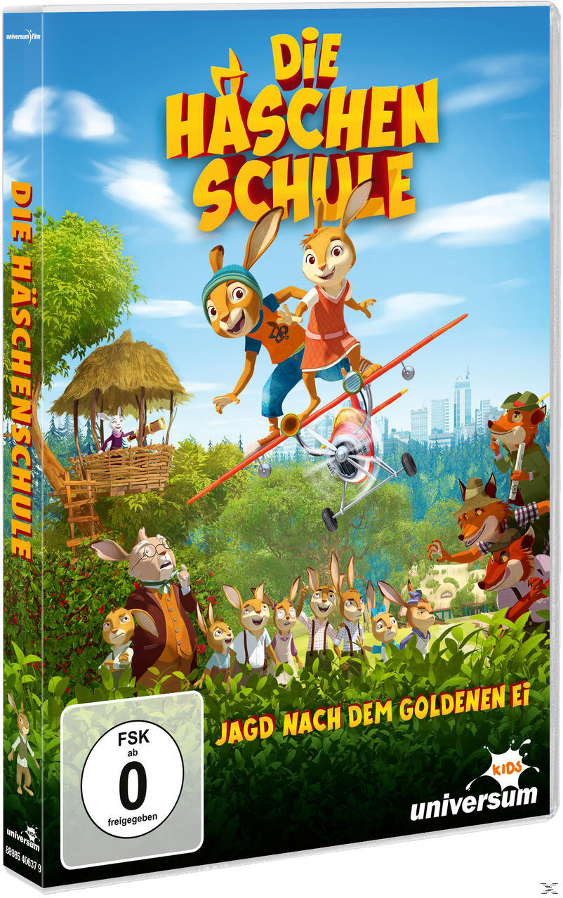 Eine DVD-Hülle eines Zeichentrickfilms mit dem Titel 'Die Häschenschule' mit Cartoon-Hasen und einem Flugzeug.