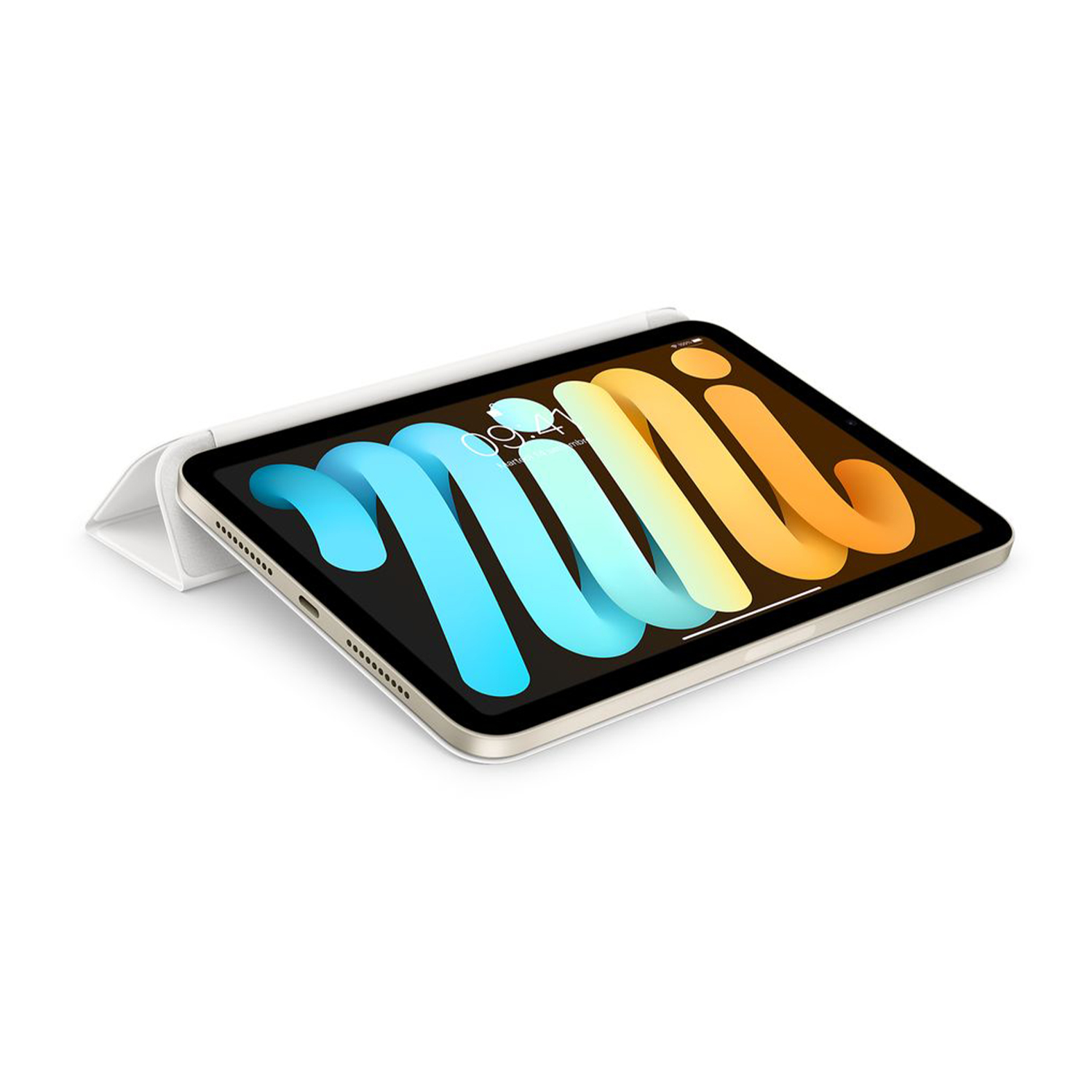 iPad Mini con custodia bianca, aperto, che mostra la schermata Home con una matita.