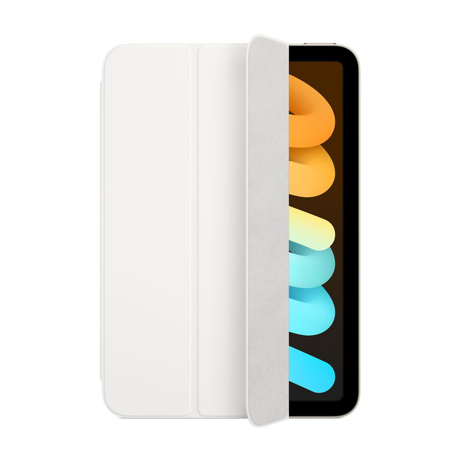 iPad Mini bianco con custodia bianca, parzialmente aperto, che mostra lo schermo.