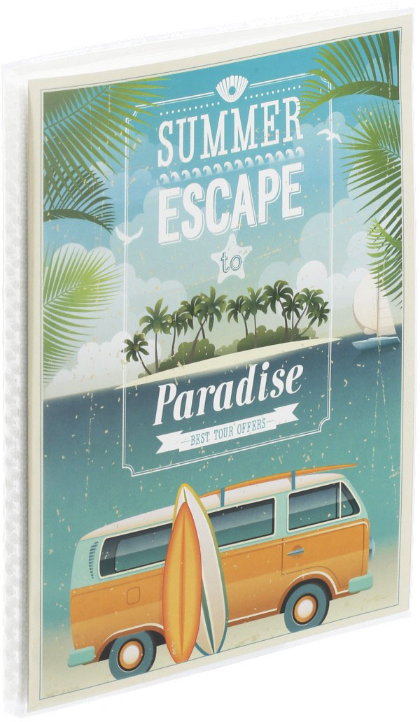 Utazási iroda plakátja, strandjelenettel és busszal. 'Summer Escape to Paradise'.