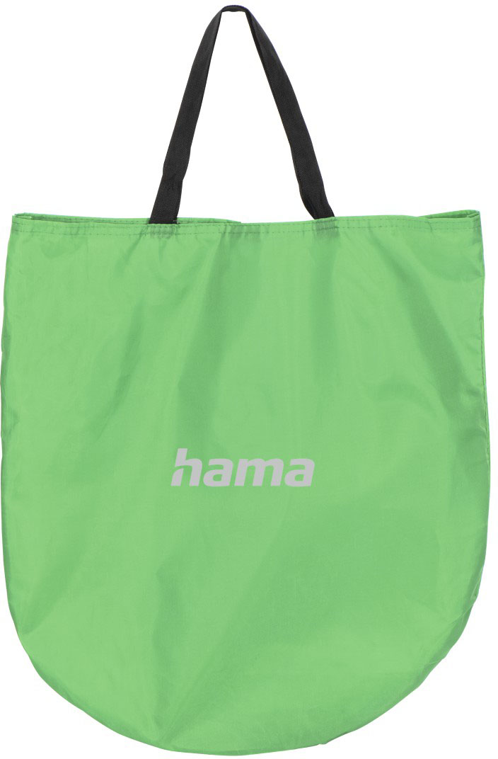 Zöld táska fekete fogantyúval és fehér 'hama' logóval.