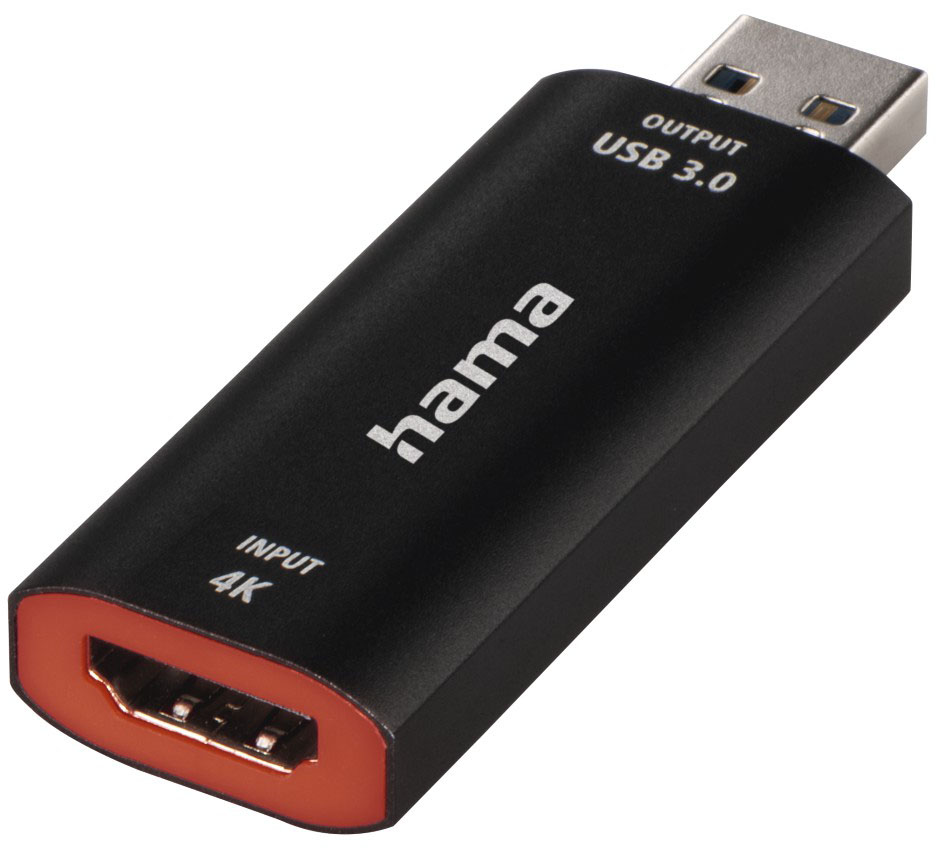 Fekete HDMI adapter "hama" felirattal. USB 3.0 kimenet. Piros HDMI bemenet.