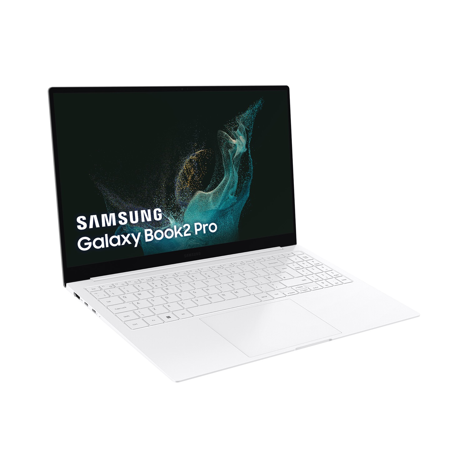 Portátil blanco Samsung Galaxy Book2 Pro. Abierto sobre una superficie blanca, pantalla negra.