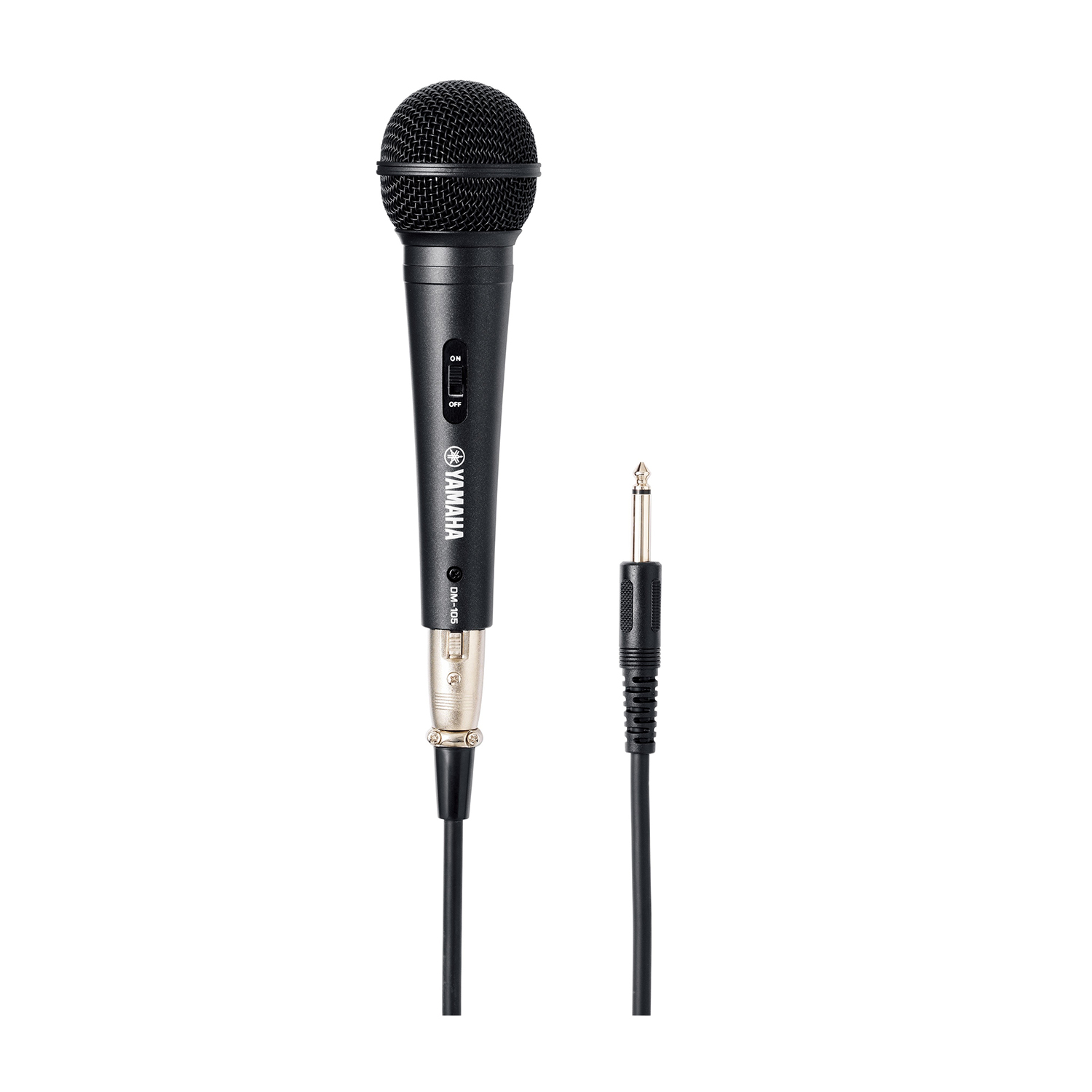 Un microfono Yamaha nero con cavo. Il microfono ha un interruttore on/off.