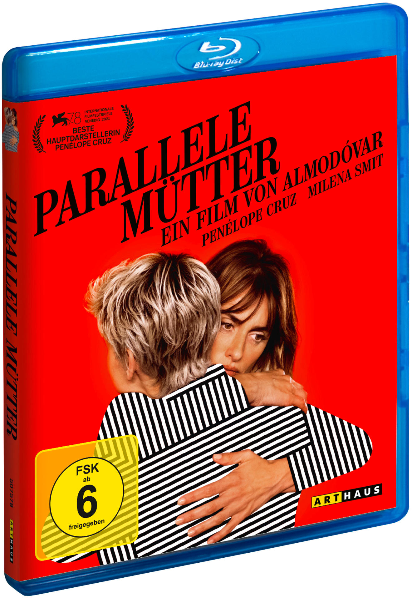 Blu-ray-Disc des Films 'Parallele Mütter'. Roter Umschlag mit zwei Frauen. Blaue Hülle.