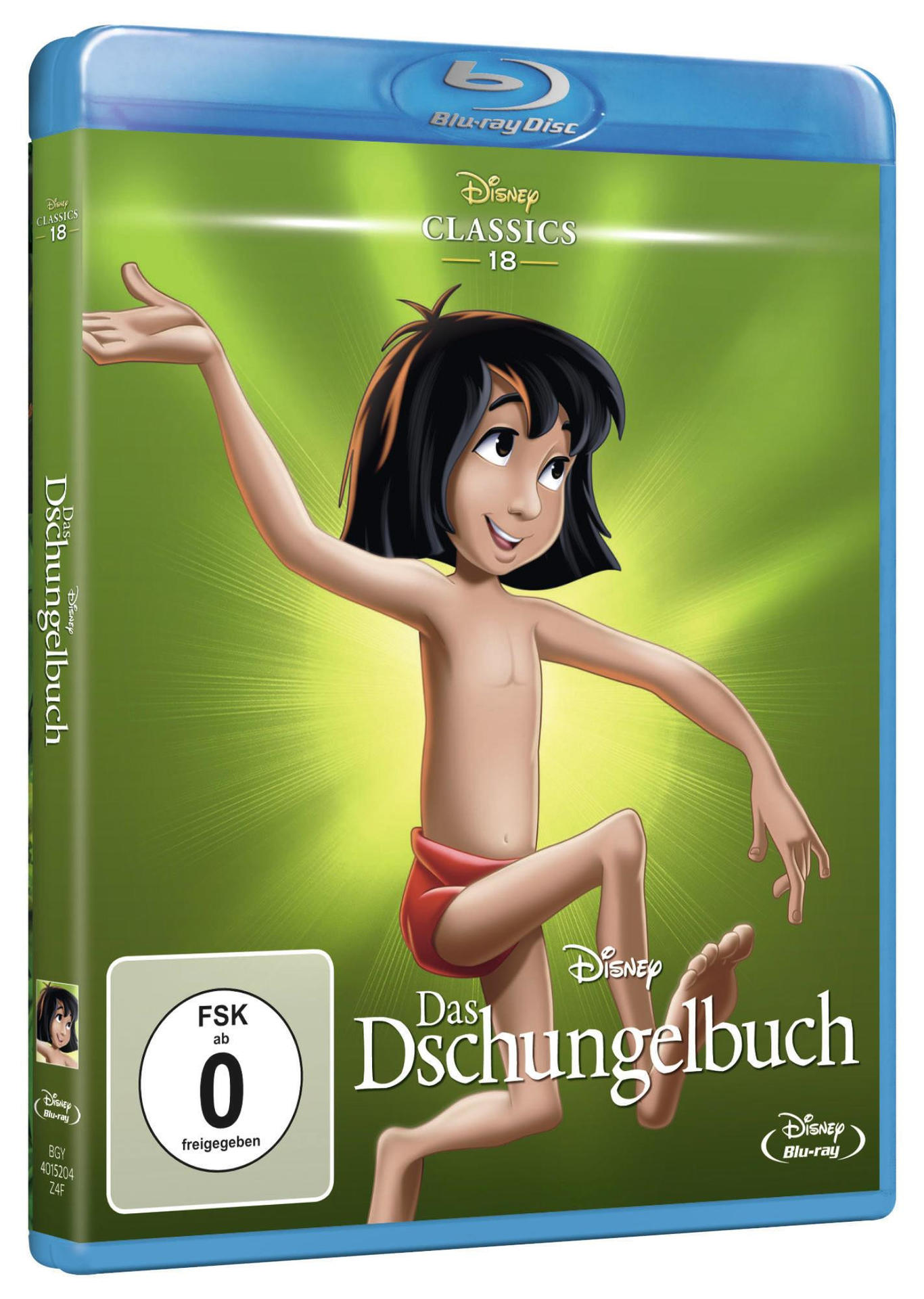 Filmcover: Dschungelbuch Blu-ray Disc mit animiertem Junge und Dschungel.