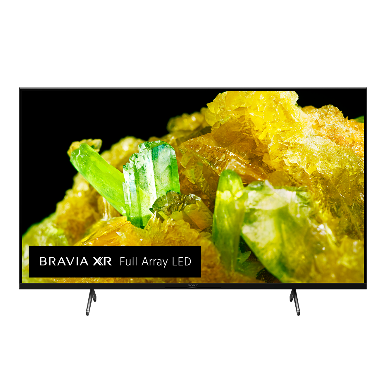 Ein Sony Bravia XR TV-Bildschirm mit einem farbenfrohen, abstrakten Bild. Text sagt 'BRAVIA XR Full Array LED'.