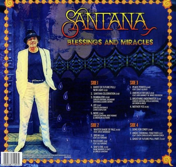 Santana album borítója. Egy férfi kék ajtó előtt áll. Album címe: Blessings and Miracles. Az egyes és négyes oldalak számlistája.