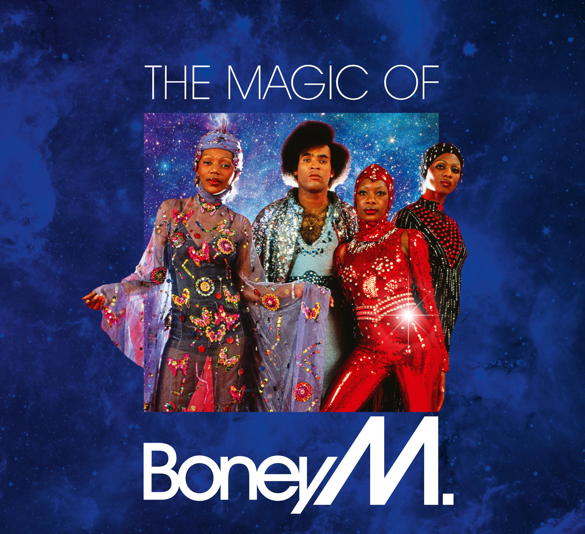 A Boney M. együttes album borítója, négy emberrel színes öltözékben.